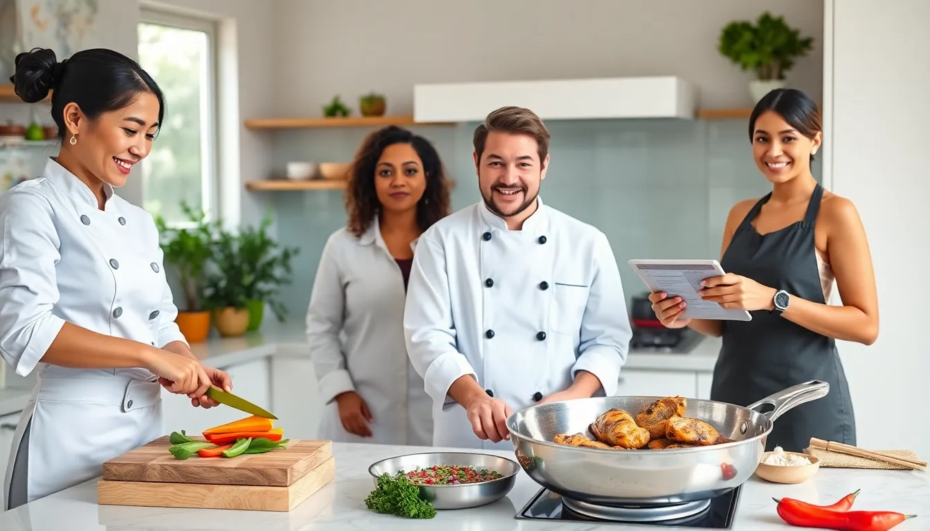 chefs preparing healthy Asian chicken recipes in a modern kitchen.